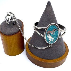 VTG Sterling Silver 925 Turquoise Kokopelli Slave Bracelet Size 7.5" Fit